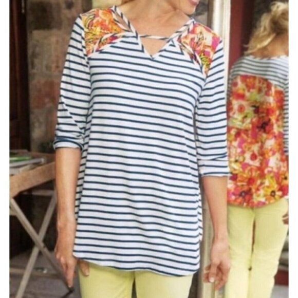 Sharon Young Sz S Floral Print French Striped Swing Blouse Tunic Top NWT NEW - Picture 5 of 9